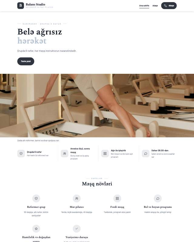 Pilates studiyası · Ağ veb sayt şablonunun ekran görüntüsü