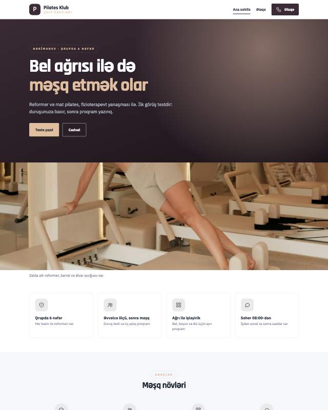 Pilates studiyası · Zərif sayt dizaynının ekran görüntüsü