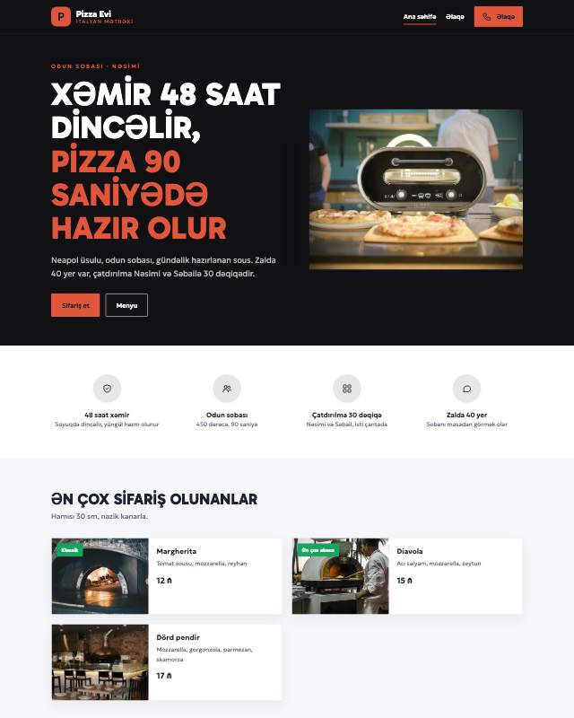 Pizzeriya · Kontrast sayt dizaynının ekran görüntüsü