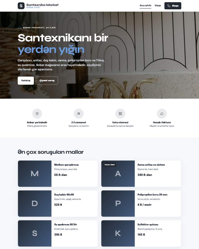 Santexnika mağazası · Sadə veb sayt şablonunun ekran görüntüsü