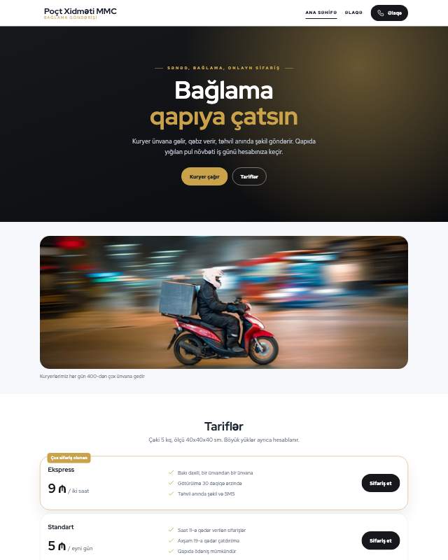 Poçt və bağlama · Tünd veb sayt şablonunun ekran görüntüsü