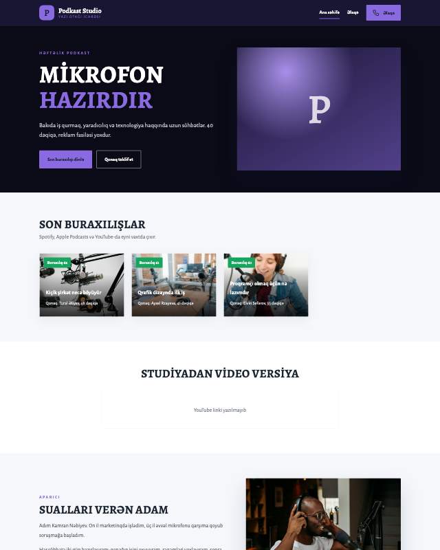 Podkast studiyası sayt dizaynının ekran görüntüsü