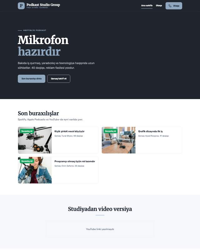 Podkast studiyası · Studiya sayt dizaynının ekran görüntüsü