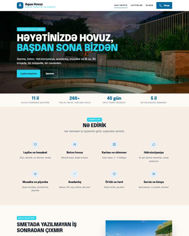 Hovuz tikintisi sayt dizaynının ekran görüntüsü
