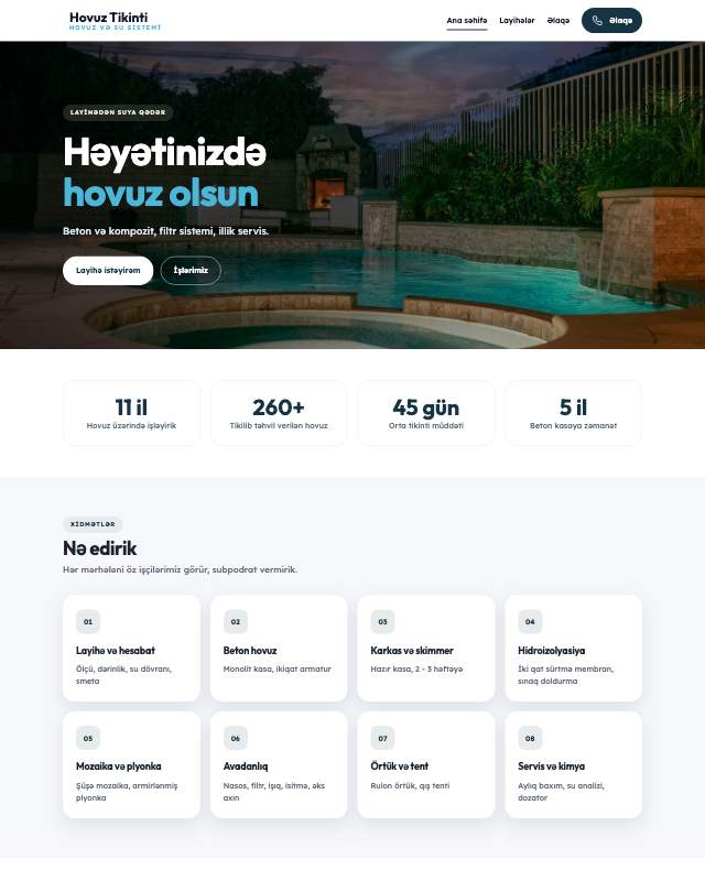 Hovuz tikintisi · Su sayt dizaynının ekran görüntüsü