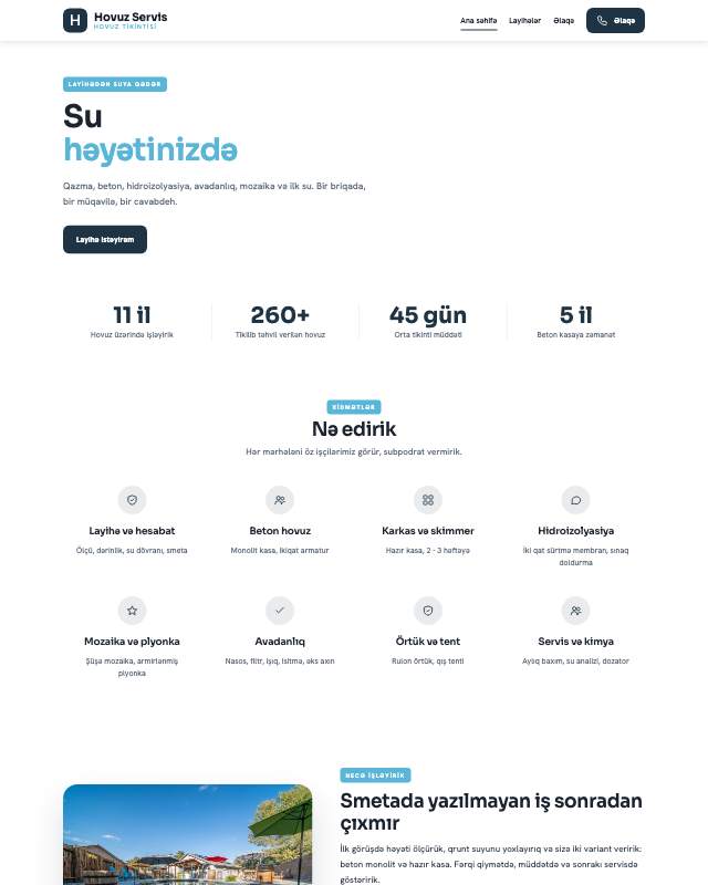 Hovuz tikintisi · Təmiz sayt dizaynının ekran görüntüsü