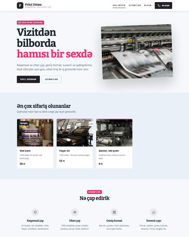 Poliqrafiya sayt dizaynının ekran görüntüsü
