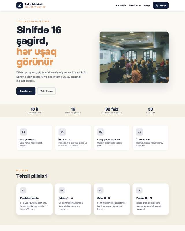 Özəl məktəb üçün veb sayt şablonunun ekran görüntüsü