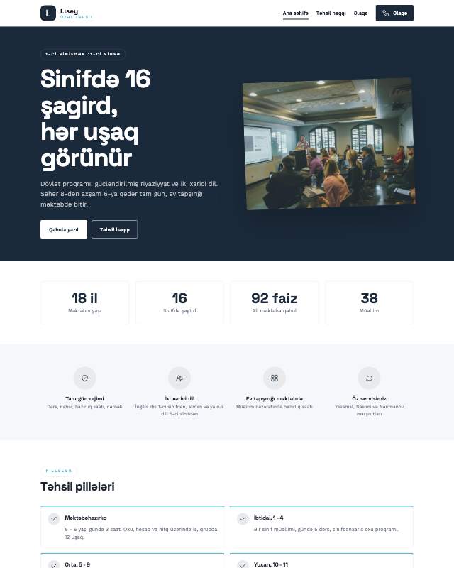 Özəl məktəb · Geniş veb sayt şablonunun ekran görüntüsü