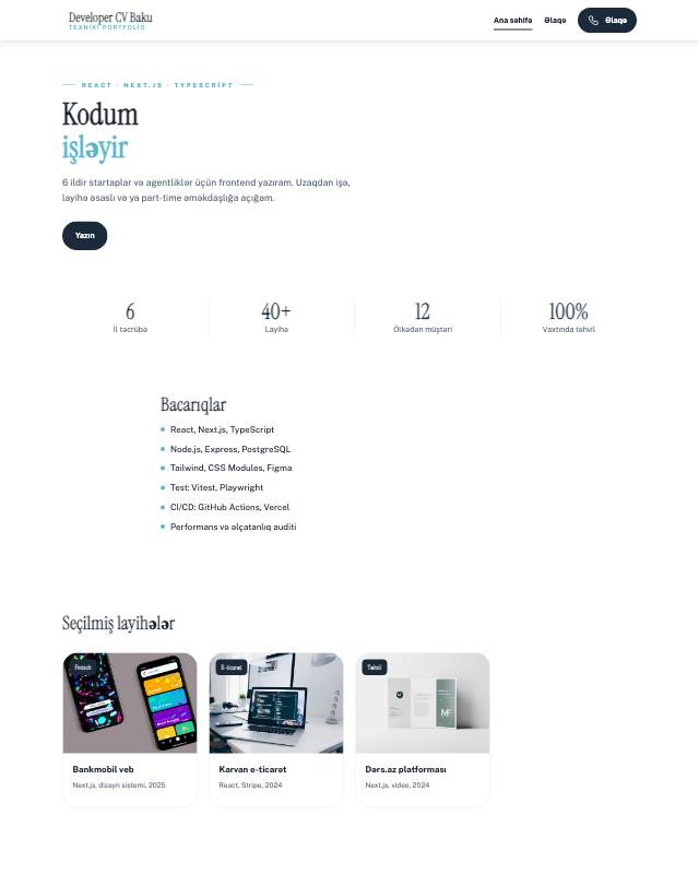 Proqramçı portfoliosu · Geniş sayt dizaynının ekran görüntüsü