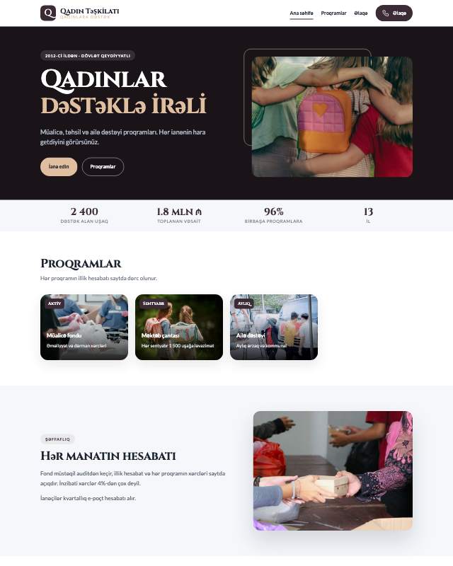 Qadın təşkilatı sayt dizaynının ekran görüntüsü