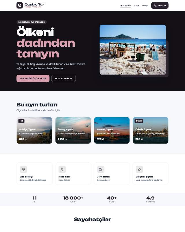 Qastronomik turlar sayt dizaynının ekran görüntüsü