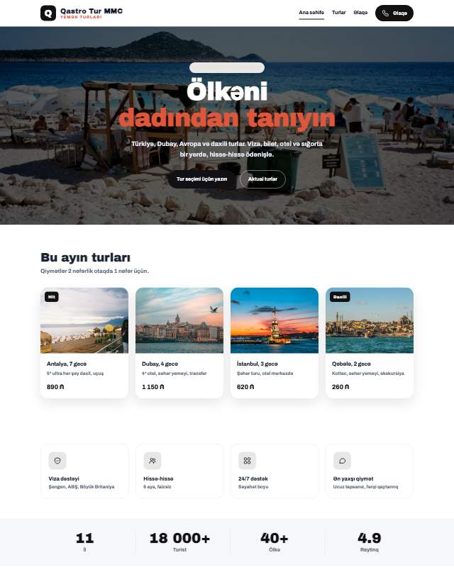 Qastronomik turlar · Kontrast sayt dizaynının ekran görüntüsü