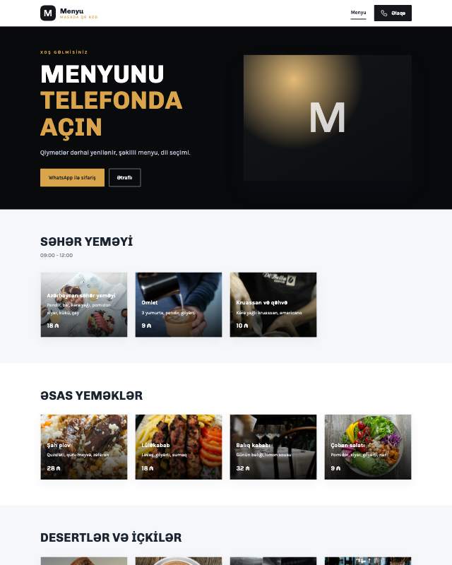 QR menyu · Tünd sayt dizaynının ekran görüntüsü