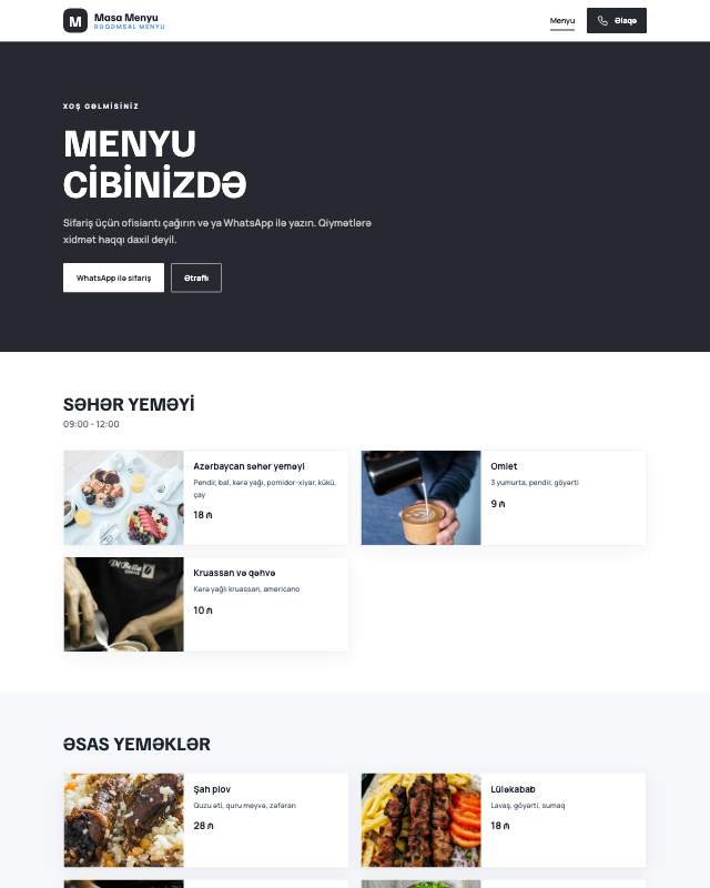 QR menyu · Minimal sayt dizaynının ekran görüntüsü