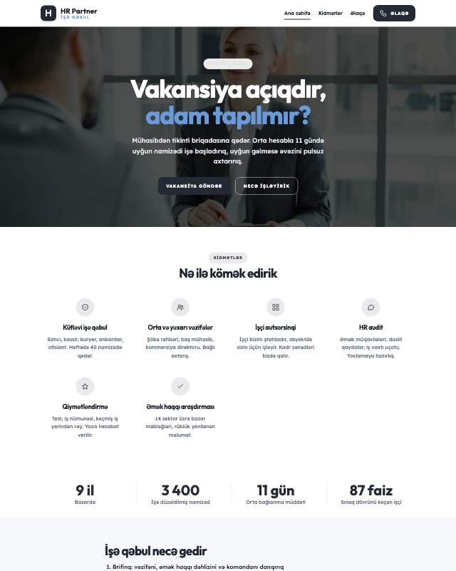 İşə qəbul agentliyi · Sadə sayt dizaynının ekran görüntüsü