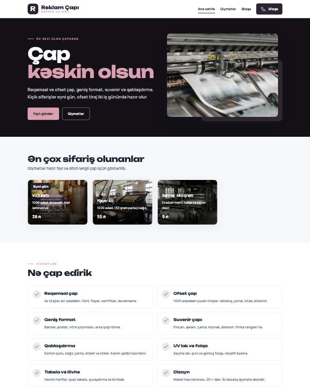 Reklam çapı sayt dizaynının ekran görüntüsü