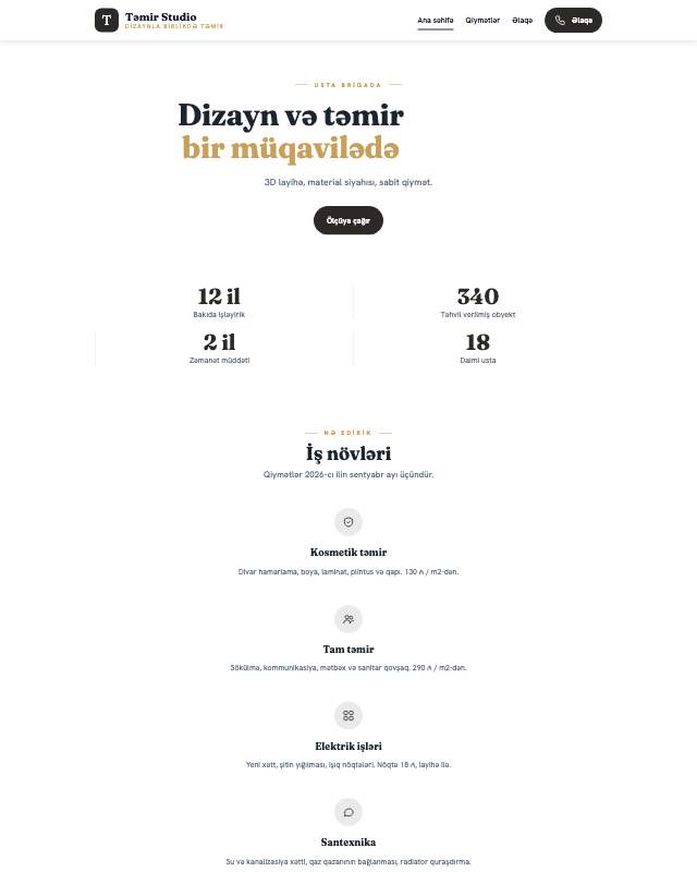 Təmir · Açar təslim sayt dizaynının ekran görüntüsü
