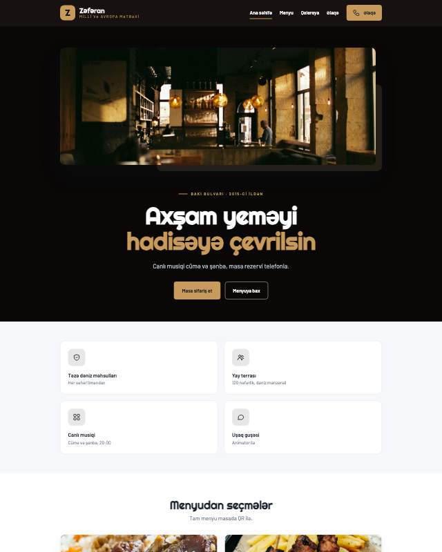 Restoran · Tünd sayt dizaynının ekran görüntüsü