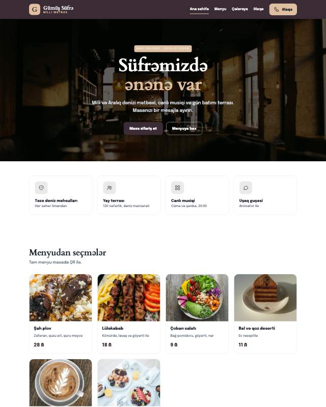 Restoran / Kafe · Zərif sayt dizaynının ekran görüntüsü