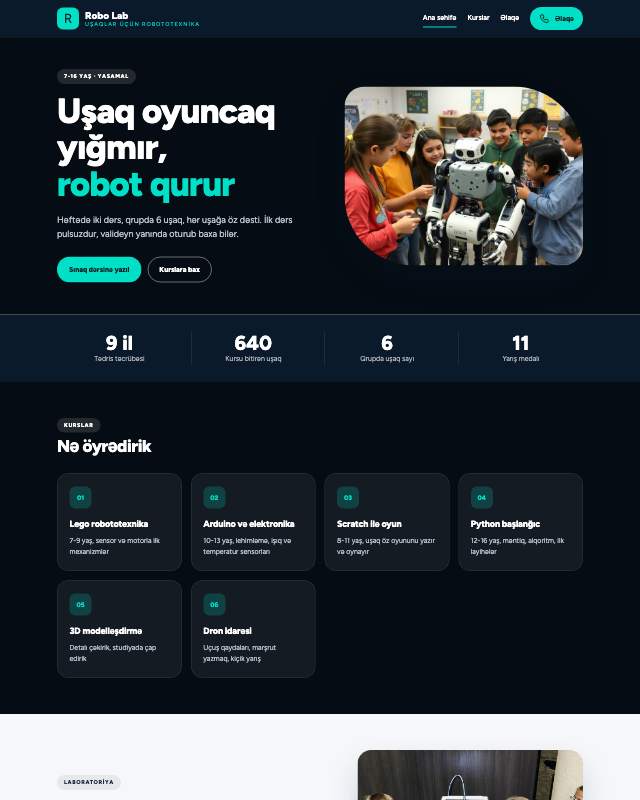 Robototexnika kursları üçün veb sayt şablonunun ekran görüntüsü