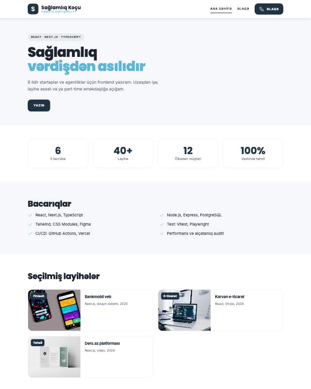 Sağlamlıq koçu üçün veb sayt şablonunun ekran görüntüsü