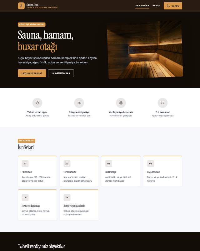 Sauna və hamam sayt dizaynının ekran görüntüsü