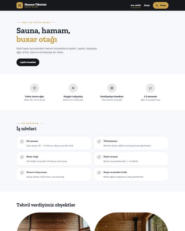 Sauna və hamam · Tünd sayt dizaynının ekran görüntüsü