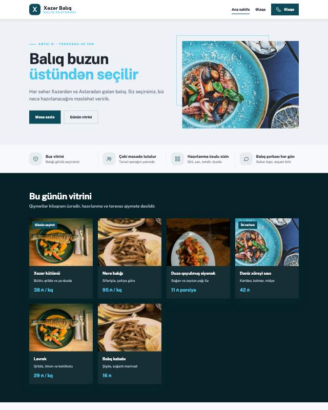 Balıq restoranı sayt dizaynının ekran görüntüsü
