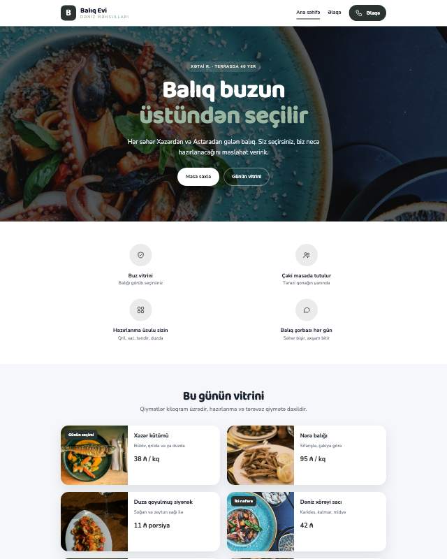 Balıq restoranı · Sakit sayt dizaynının ekran görüntüsü