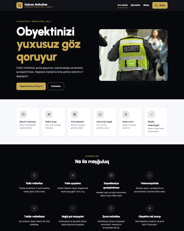 Mühafizə xidməti sayt dizaynının ekran görüntüsü