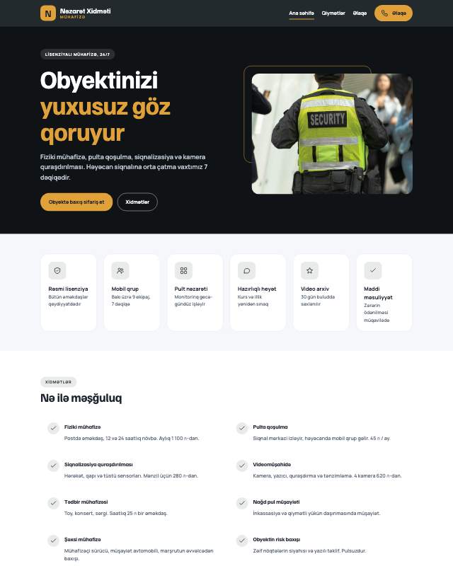 Mühafizə xidməti · Kart sayt dizaynının ekran görüntüsü