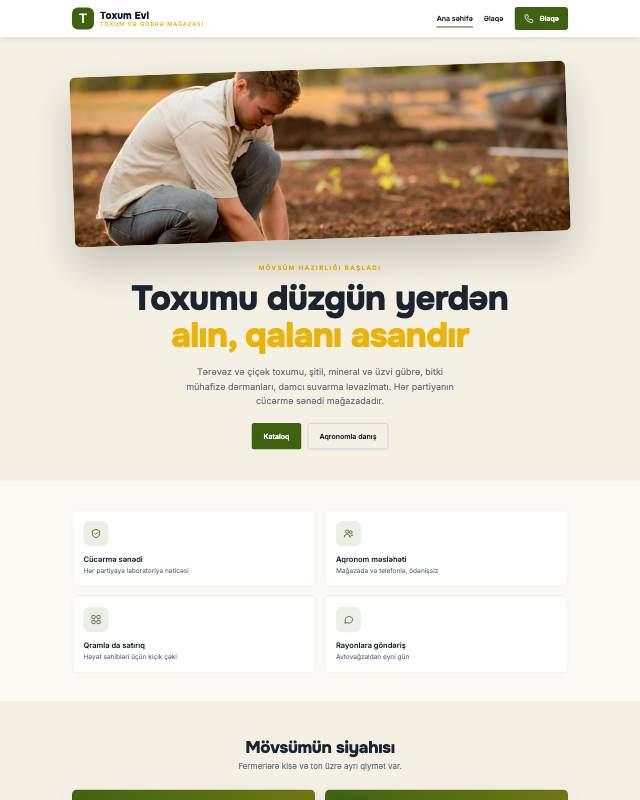 Toxum və gübrə mağazası üçün veb sayt şablonunun ekran görüntüsü