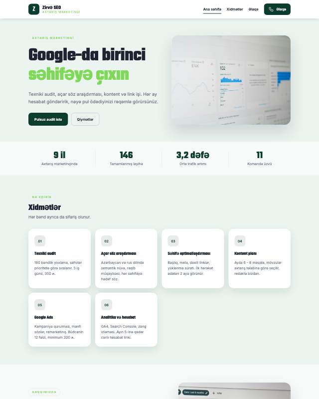 SEO agentliyi sayt dizaynının ekran görüntüsü