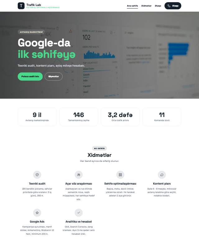 SEO agentliyi · Qrafik sayt dizaynının ekran görüntüsü