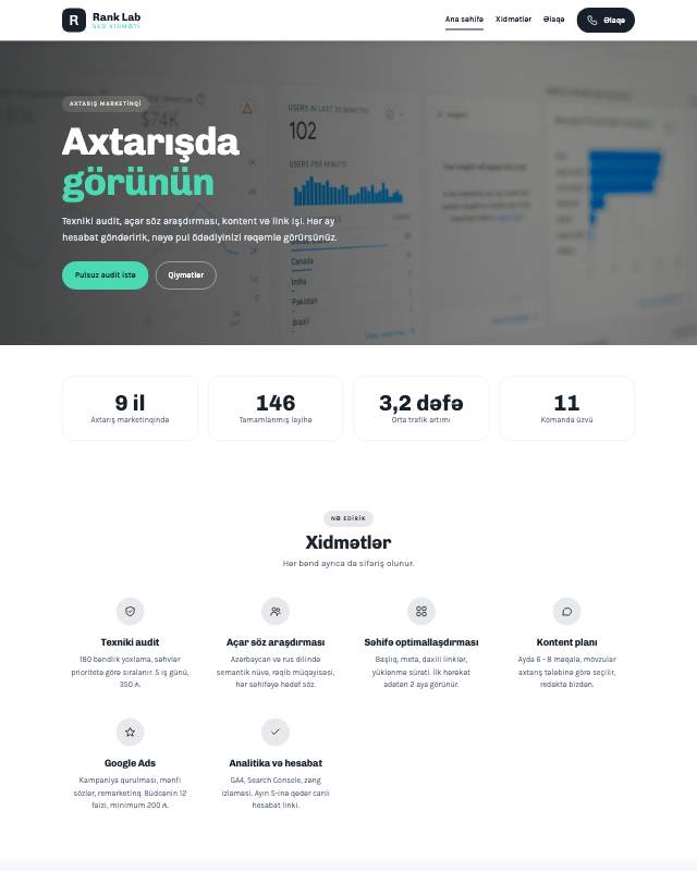 SEO agentliyi · Modern sayt dizaynının ekran görüntüsü