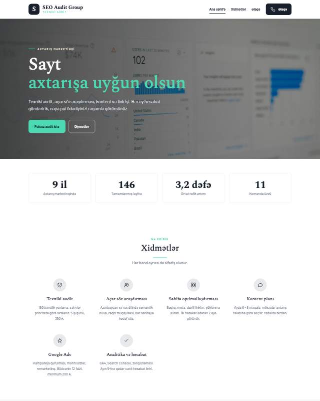 SEO audit xidməti üçün veb sayt şablonu «Modern»: ekran görüntüsü