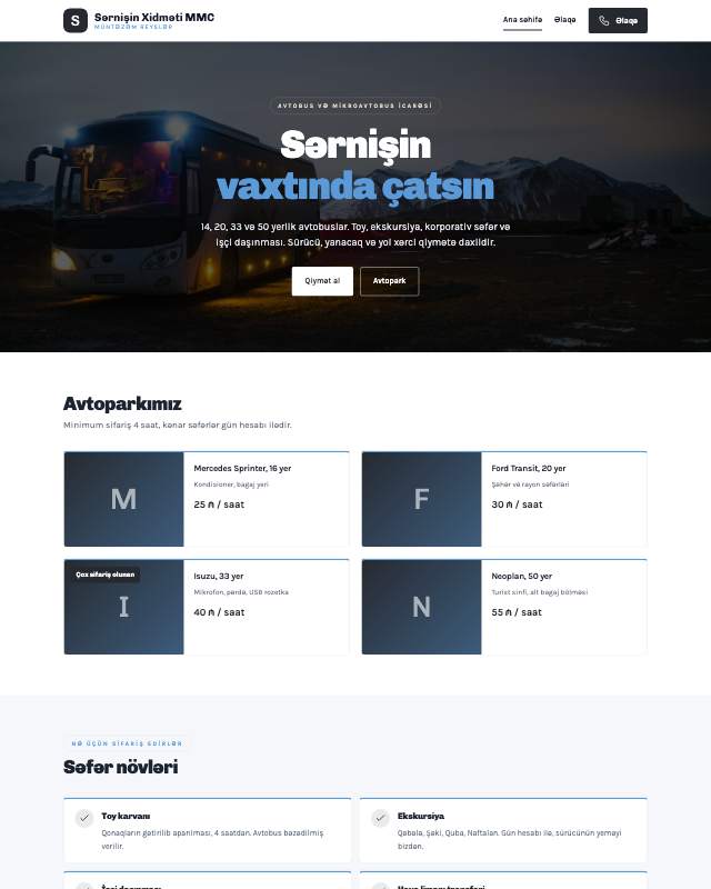 Sərnişin daşıma · Minimal sayt dizaynının ekran görüntüsü