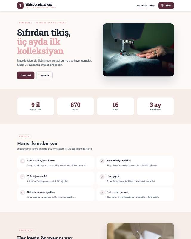 Tikiş kursu üçün veb sayt şablonunun ekran görüntüsü