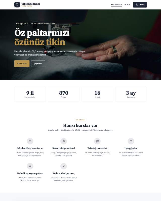 Tikiş kursu · Klassik veb sayt şablonunun ekran görüntüsü