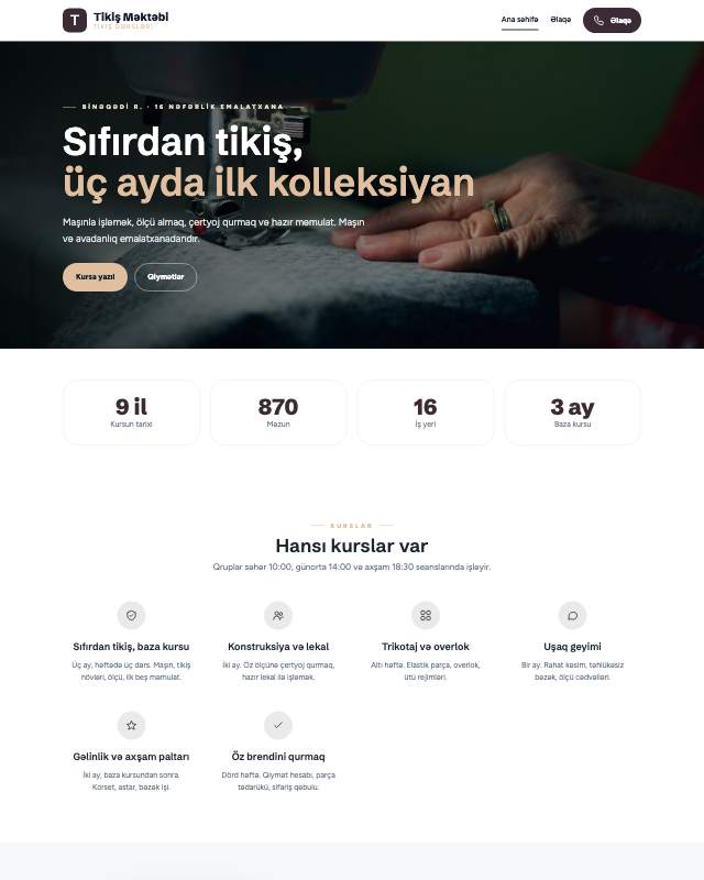 Tikiş kursu · Zərif veb sayt şablonunun ekran görüntüsü