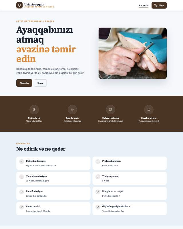 Ayaqqabı təmiri sayt dizaynının ekran görüntüsü