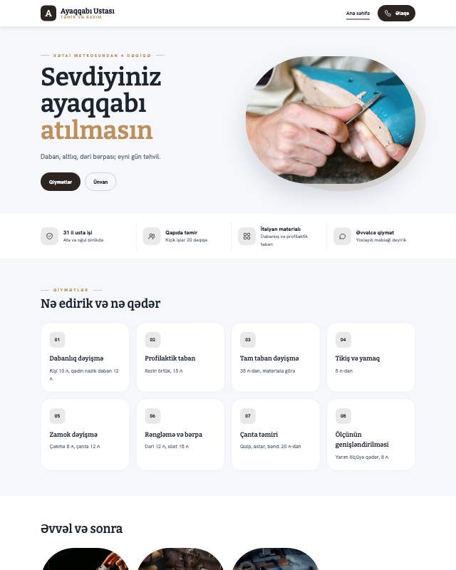 Ayaqqabı təmiri üçün veb sayt şablonu «Usta»: ekran görüntüsü
