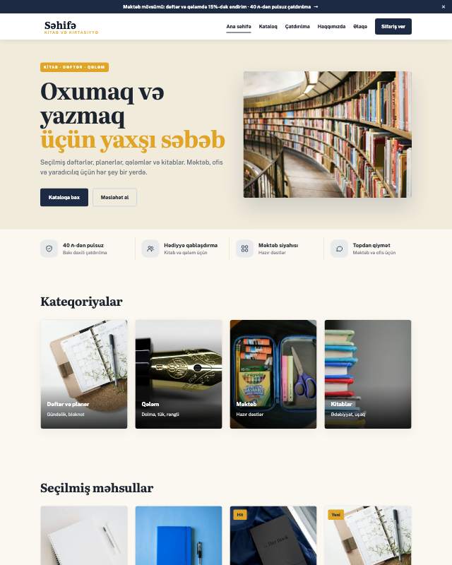 Kitab və kırtasiyyə sayt dizaynının ekran görüntüsü