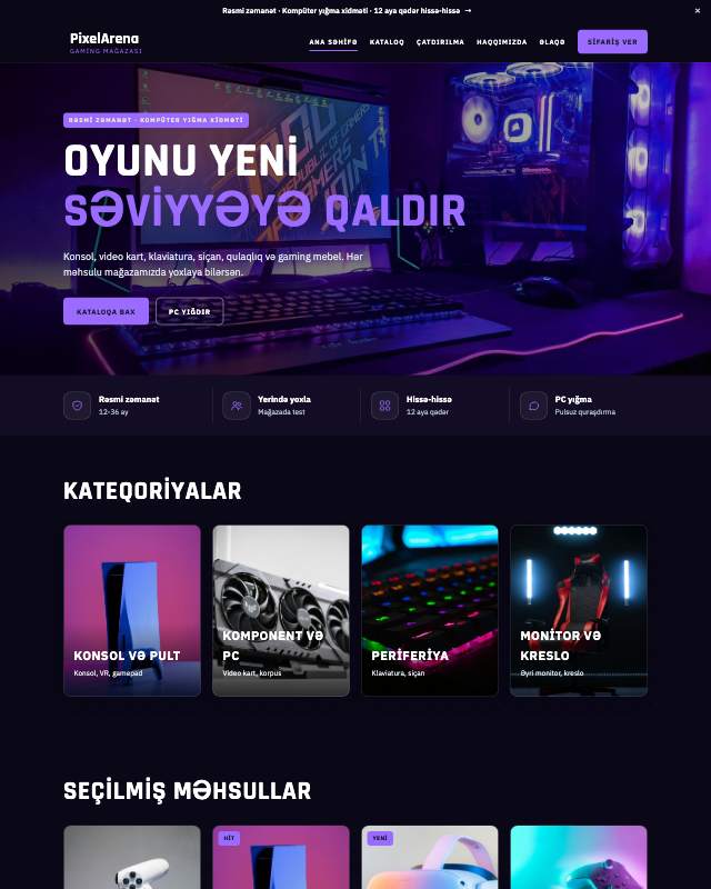Gaming mağazası sayt dizaynının ekran görüntüsü