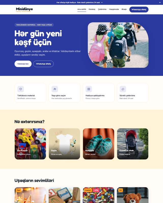 Uşaq dünyası sayt dizaynının ekran görüntüsü