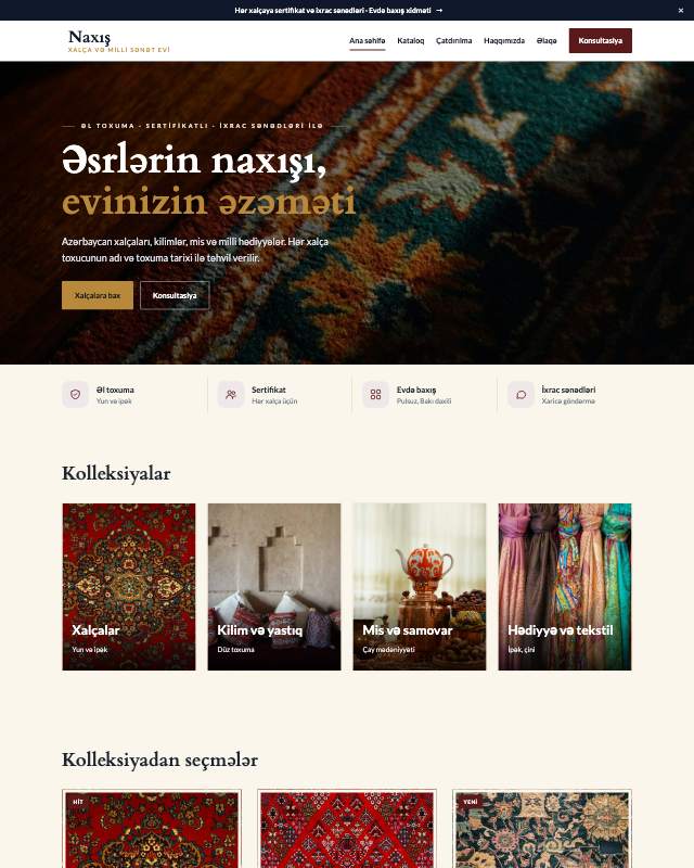 Xalça və milli sənət sayt dizaynının ekran görüntüsü