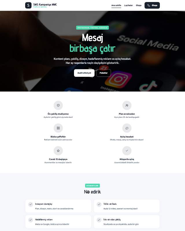 SMS marketinq · Modern sayt dizaynının ekran görüntüsü