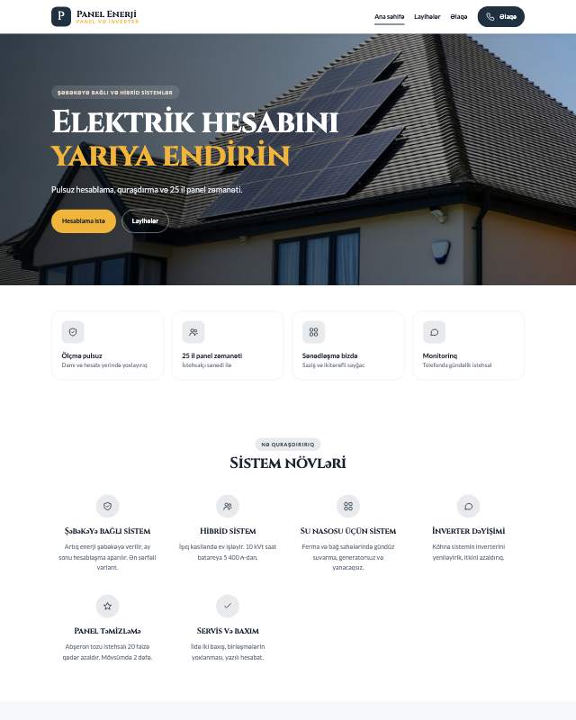 Günəş panelləri · Enerji sayt dizaynının ekran görüntüsü