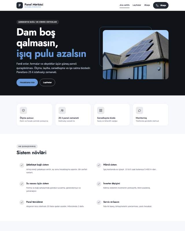 Günəş panelləri · Sadə sayt dizaynının ekran görüntüsü